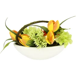 Gestecke MY HOME "Tulpe, Calla, Hortensie, Gerbera", gelb (gelb, orange), B:23cm H:16cm L:10cm, Kunstpflanzen, In Schale, Kunstblume, Seidenblume