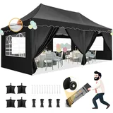 HOTEEL 3x6 Pop Up Pavillon Wasserdicht Stabil mit 6 Abnehmbaren SeitenwäNden, Wellensaumdach Uv Anti 50+ mit Radtasche und 4 SandsäCken Faltpavillon, füR Hochzeit Party Picknick Markt(Schwarz)