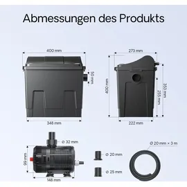 Wiltec SunSun CBF-200T Bioteichfilter Komplettset mit 9W UVC Klärer, Teichpumpe 2300 L/h 35W, Thermometer und Filtermedien, Filteranlage komplett 9 W