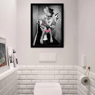 Bild Toilette,Sexy Frau auf Toilette mit Rauchen und Trinken,Kunstdruck Poster wc deko, Wanddeko Schwarz & Weiß, modern Bilder Bad Badezimmer(A,40 * 60cm)