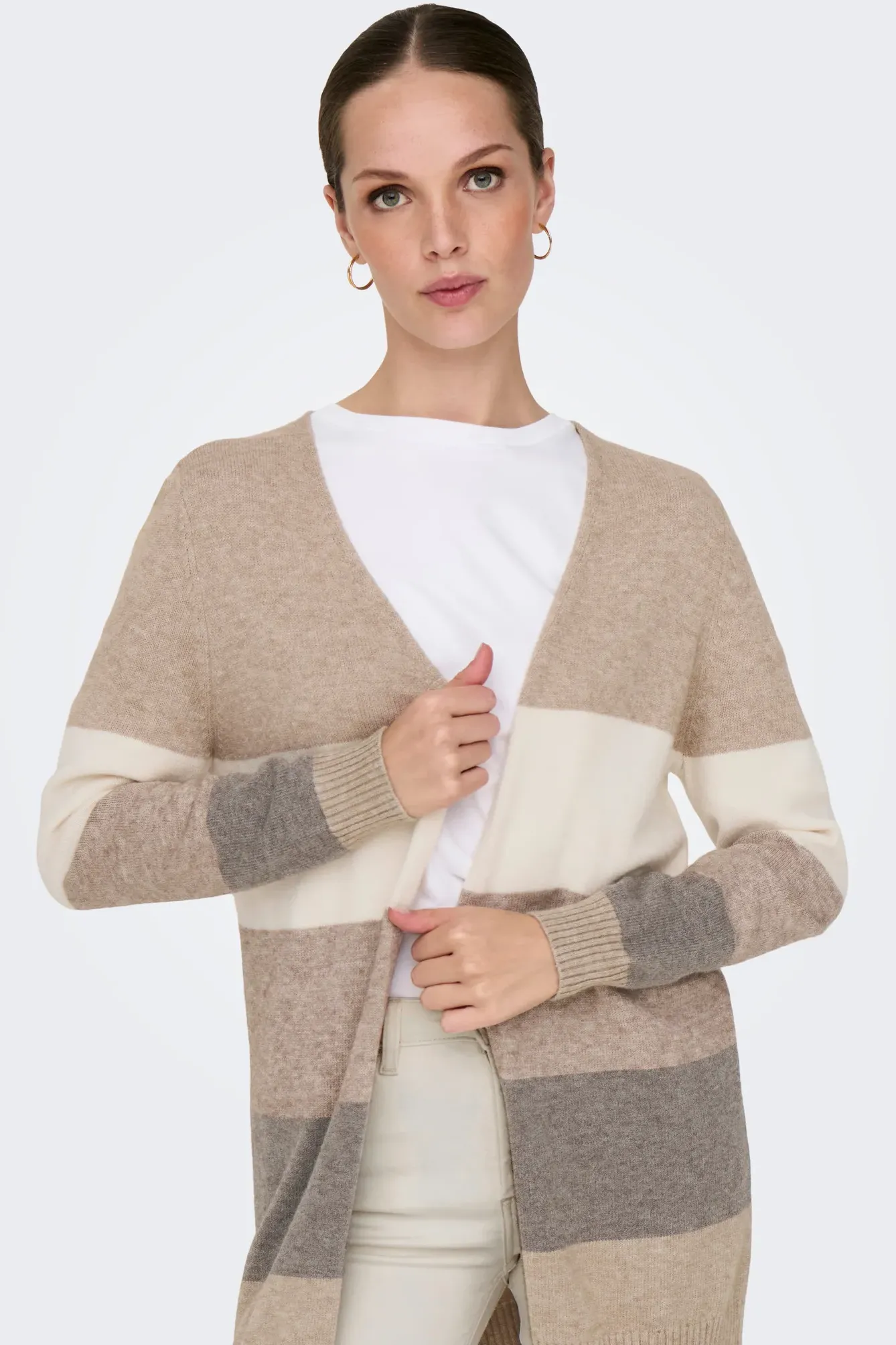 Strickjacke ONLY "ONLLESLY L/S OPEN CARDIGAN KNT NOOS", Damen, Gr. L (40), feather gray stripes:with weißcap gray, beige, leafless, feather gray, Strick, Obermaterial: 50% Viskose, 27% Nylon, 23% Polyester, gestreift, modisch, V-Ausschnitt, Langarm, Strickjacken