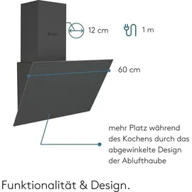 Wiggo Dunstabzugshaube 60cm kopffrei I Abluft Umluft Dunstabzug 300m3/h - LED Touch-Display 3 Stufen I Schräghaube inkl. Fettfilter & 2x Kohlefil...