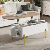FammyLoft Couchtisch mit Verstecktem Stauraum, Höhenverstellbar Moderner Wohnzimmertisch mit 7 Ablageflächen, Multifunktionaler Kaffeetisch, Coffee Table, Holzfarbe+Weiß
