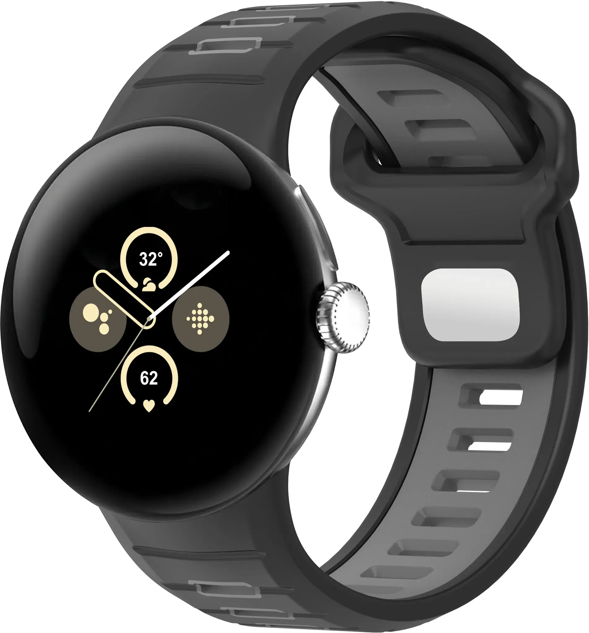 Strap-it Google Pixel Watch 3 Armband Silikon 'Sport' für Google Pixel Watch 3  - 45mm - Schwarz/Grau - Druckknopf Verschluss