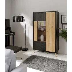 Highboard FORTE "Fixsmile", schwarz (mauvelle eiche), B:93,8cm H:158,2cm T:41,5cm, Spanplatte, Sideboards, moderes Highboard, Glastüre, Softclose, Strukturfront