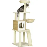 PawHut Kratzbaum aus holz 141,5 cm Sisal Katzenbaum mit Katzenhöhle, Spielball, Hängebett, Kletterbaum mit 2 Plattformen, Kätzchen Möbel, Beige