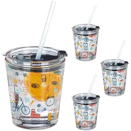 Relaxdays Glasbecher mit Deckel & Strohhalm Trinkgläser 0,35 l 4 St.