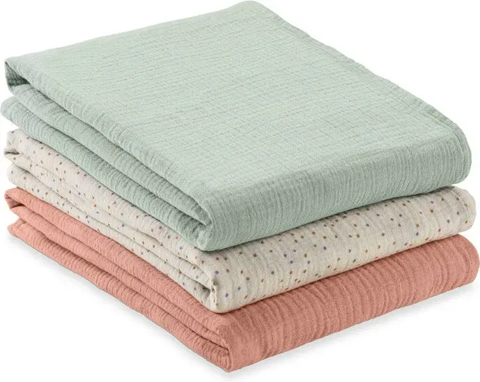 Hauck Mullwindeln / Mulltücher / Spucktücher Cuddle N Clean - 3er Set 80 x 80 cm - Salbeigrün / Beige Punkte / Kork