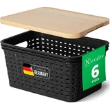 Novaliv 6er Set Aufbewahrungsboxen mit Holzdeckel Mini 2L Korb Schwarz in Rattan Design Lebensmittelecht Aufbewahrungskorb Stapelboxen Nestbar Kuns...