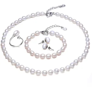 925 Sterling Silber Schmuck Für Frauen Süßwasserperlen Schmuck Set Halskette/Armband/Ring/Ohrstecker