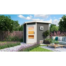 Karibu Mikka inkl. 9 kW + Steuergerät Easy Finnisch + moderne Saunatür terragrau