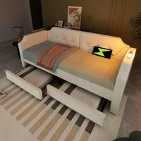 Merax Polsterbett Tagesbett 90x200cm mit 2 Schubladen & USB, Schlafsofa Einzelbett mit Lattenrost & Leselicht, Funktionsbett Stauraumbett, Gästebett, für Kinder Jugend, Samt, Ohne Matratze, Beige