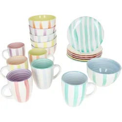 Beach Pastello Stripes 18tlg Frühstücksset Steingut 6Pers Teller Schale Becher