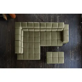 KAWOLA Sofa NELSON Ecksofa Leder olivgrün mit motorischem Sitzvorzug und Hocker Recamiere links