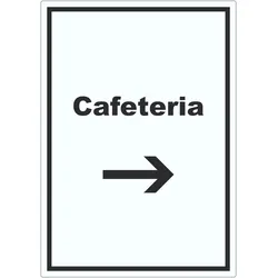 Cafeteria Aufkleber mit Text und Richtungspfeil rechts Selbstbedienung hochkant A6 (105x148mm)