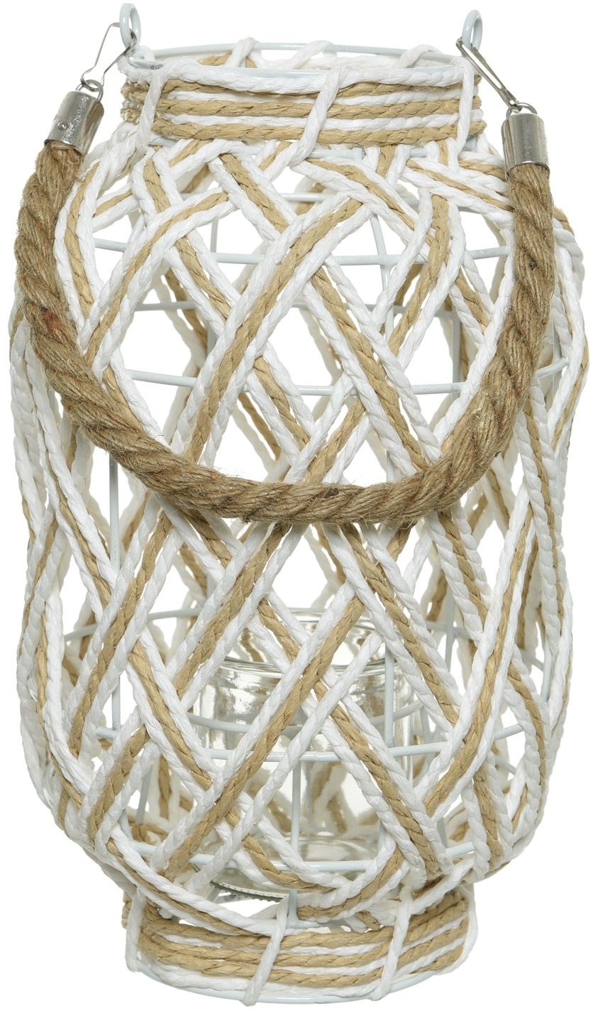 Windlicht GERITESSA, Weiß - Juteseil - Windlichtglas - 18 x 30 cm - mit Seilgriff