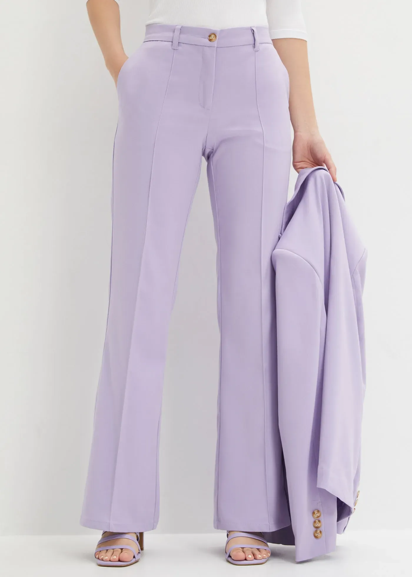 Anzughose BONPRIX, Damen, Gr. 50, N-Gr, hellviolett, Web, Obermaterial: 66% Polyester, 33% Viskose, 1% Elasthan, regular fit, Hosen Anzughose, mit Elasthan-Anteil, Regular Fit, Flared Schnitt, eleganter Stil