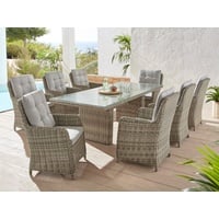 KONIFERA Garten-Essgruppe »Venedig«, (Set, 25 tlg., 8x Sessel, 1x Tisch 230,8x100,5x76 cm, inkl. Auflagen), Polyrattan, Aluminium, Tischplatte aus 5mm starkem Sicherheitsglas, grau