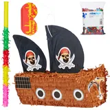 Relaxdays 4 TLG. Pinata Set Piratenschiff, XXL Konfetti Sack, Pinatastab mit Augenmaske, Piñata, Pinatastock & Augenbinde, bunt