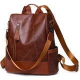 PORRASSO Anti Diebstahl Rucksack Damen Schultertasche Frauen Daypack wasserdichte PU Leder Umhängetasche Schule Arbeit Freizeit Rucksäcke Braun