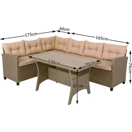 CASARIA Polyrattan Ecklounge Set WPC Esstisch Ecksofa 2 Gartenstühle Sitzauflagen Kissen Wetterfest Outdoor Lounge Garten Terrasse Balkon Möbel