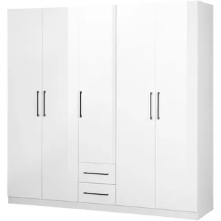 INOSIGN Kleiderschrank »Sylt Schlafzimmerschrank Garderobe Schrank TOPSELLER in hochglanz weiß«, (5 Türen, 2 Schubladen, schwarze moderne Griffe, 7 Einlegeböden), Drehtürenschrank mit perfekter Innenausstattung, Breite 200cm, weiß