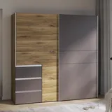 Forte Winn 2 Kleiderschrank 200, Moderner Schrank mit 2 Schwebetüren und 3 Schubladen, Holzwerkstoff, Flagstaff Eiche/Grau, 200,1 cm breit 200,5 cm hoch, 61 cm tief