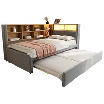 XDOVET Schlafsofa(Dunkelgrau)Ausziehbett,ausgestattet mit LED Leuchten,Steckdosen und vielen Ablagefächern,Polsterbett,Multifunktionsschlafsofa,Einzelbett