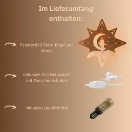 Weigla Engel auf Mond, beleuchtetes Fensterbild, BRAUN-GOLD, Made in Germany", braun (braun, natur), H:30cm T:5cm, Holzwerkstoff, Dekosterne, Erzgebirge garantiert, Weihnachtsdeko Weihnachtsbeleuchtung, Natur