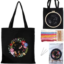 tyxhxtf DKDDSSS Sticken für Anfänger Stofftasche Set, DIY Bastelset Erwachsene, Stickrahmen und Stofftasche mit Blumenmuster für Anfänger(Schwarz)