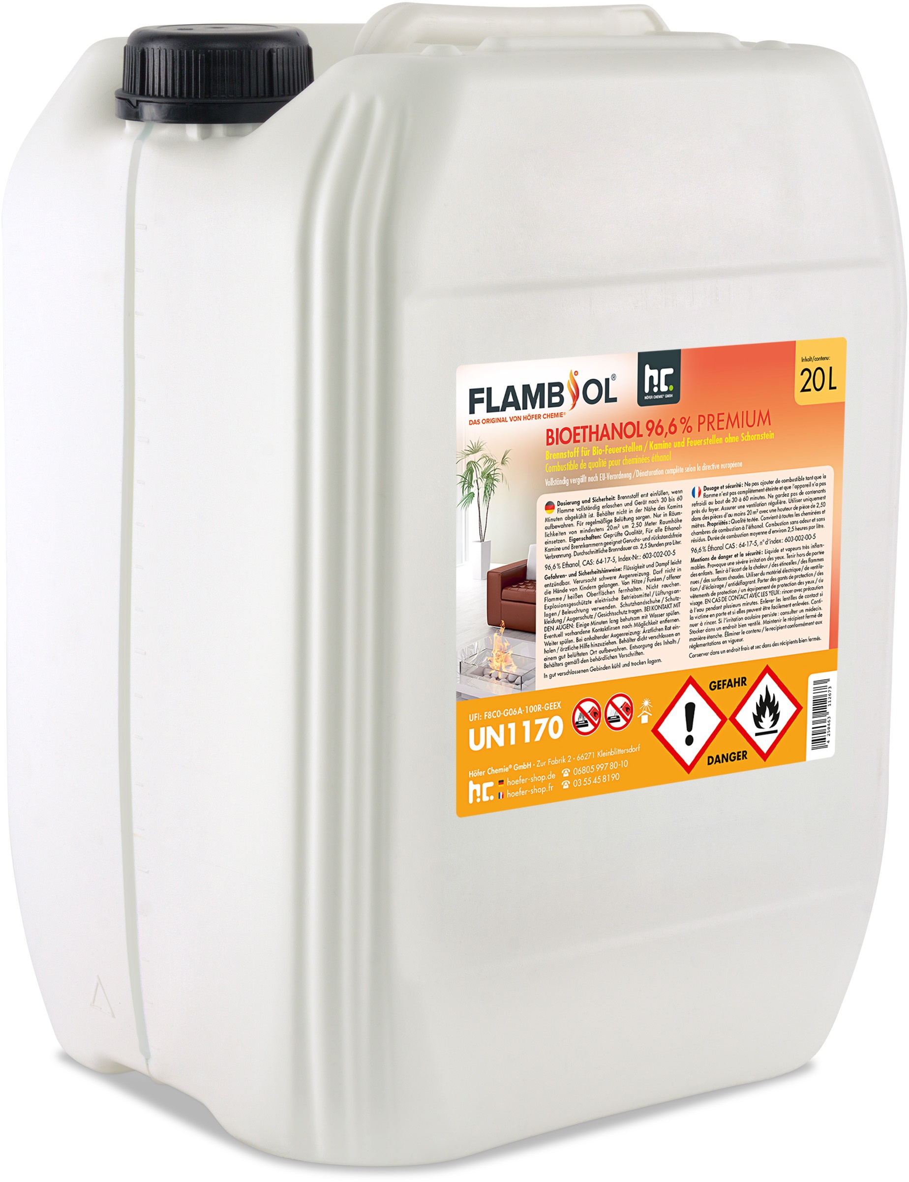 1 x 20 L FLAMBIOL® Bioethanol 96,6% Premium für Ethanolkamin in Kanistern