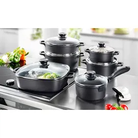 Karcher Aluguss-Topf-Set 6-tlg. schwarz 3 x Kochtopf + Stielkasserolle + Schmorpfanne + Rechteckpfanne