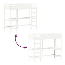 vidaXL Hochbett mit Schreibtisch 80 x 200 cm Kiefer massiv weiß