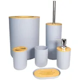 Intirilife Badezimmer Zubehör Set aus Bambus Kunststoff in Grau - 6 teiliges Set Zahnputzbecher Toilettenbürste Halterung Mülleimer