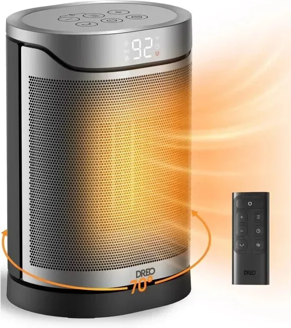 DREO Energieeffizienter Elektro-Heizlüfter mit PTC-Keramik, 1500 W, 2 Sek. sofortige Heizleistung, 70° Schwenk, 12-Stunden-Timer, 8-stufige Sicherheitsfunktionen, Fernbedienung, Atom 318