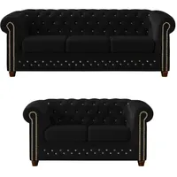 S-Style Chesterfield Polstergarnitur Samt 3-Sitzer + 2-Sitzer Schwarz