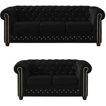 S-Style Chesterfield Polstergarnitur Samt 3-Sitzer + 2-Sitzer Schwarz