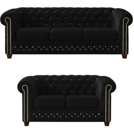 S-Style Chesterfield Polstergarnitur Samt 3-Sitzer + 2-Sitzer Schwarz