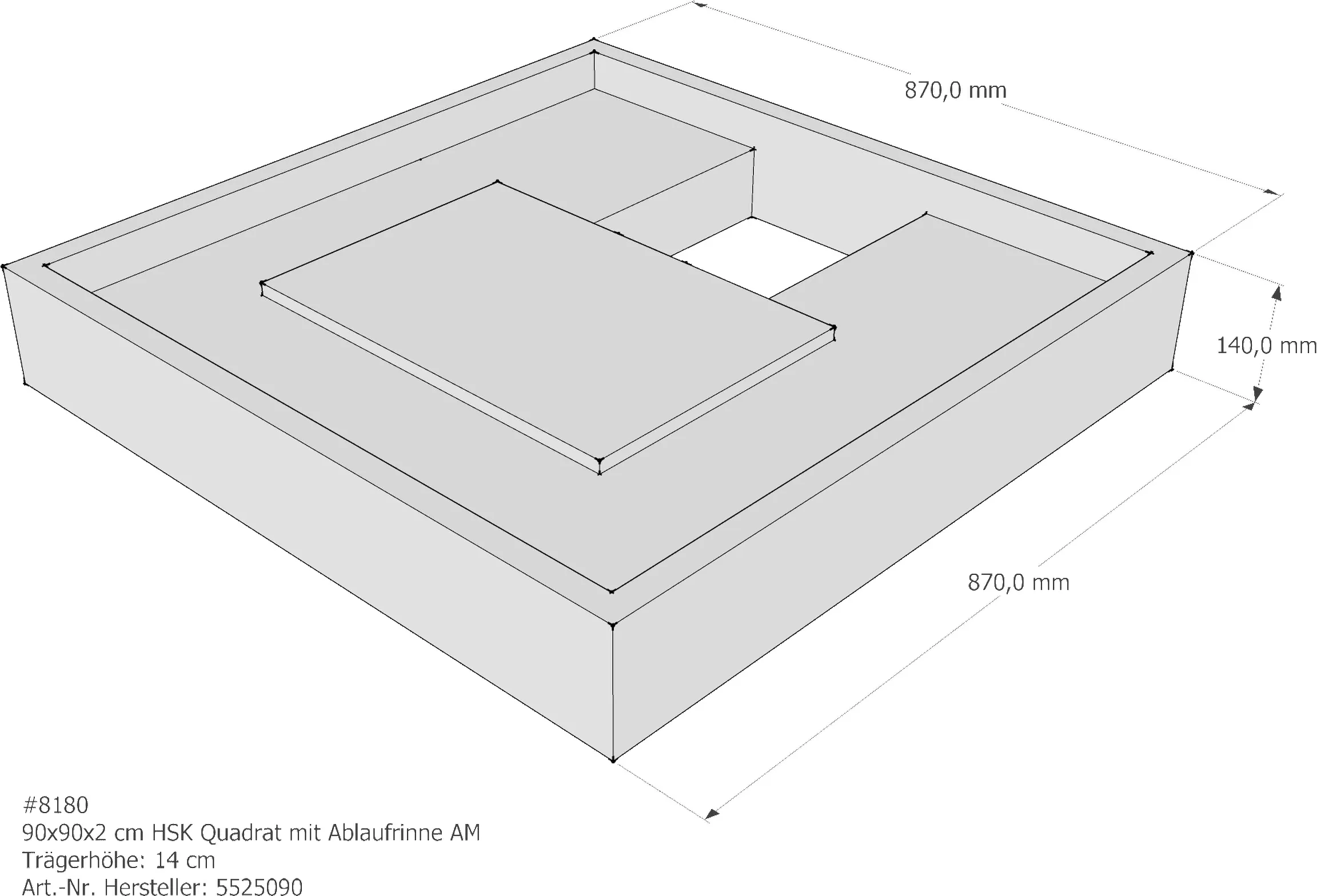 Duschwannenträger HSK Quadrat Ablaufrinne 90x90x2 cm AM