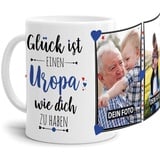 Tassendruck Fototasse mit Spruch für Uropa - Glück ist, jemanden wie Dich zu haben - zum Selbst gestalten mit 2 Fotos, Weiß, 300 ml