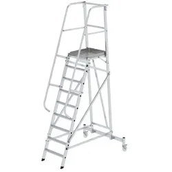 Podestleiter 9 Stufen, fahrbar, Aluminium/Aluminium