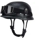 Labzaa Retro Deutsche Lederhelm Halbschalenhelm mit ECE, Jethelm Retro,Vintage Motorradhelm mit Brille für Cruiser Chopper Biker Moped E M