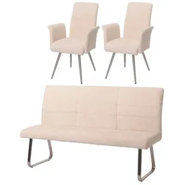 MCW Esszimmer-Set MCW-G55, 2er-Set Stuhl mit Armlehne+Sitzbank 180cm, Edelstahl gebürstet Stoff/Textil Chenille ~ creme
