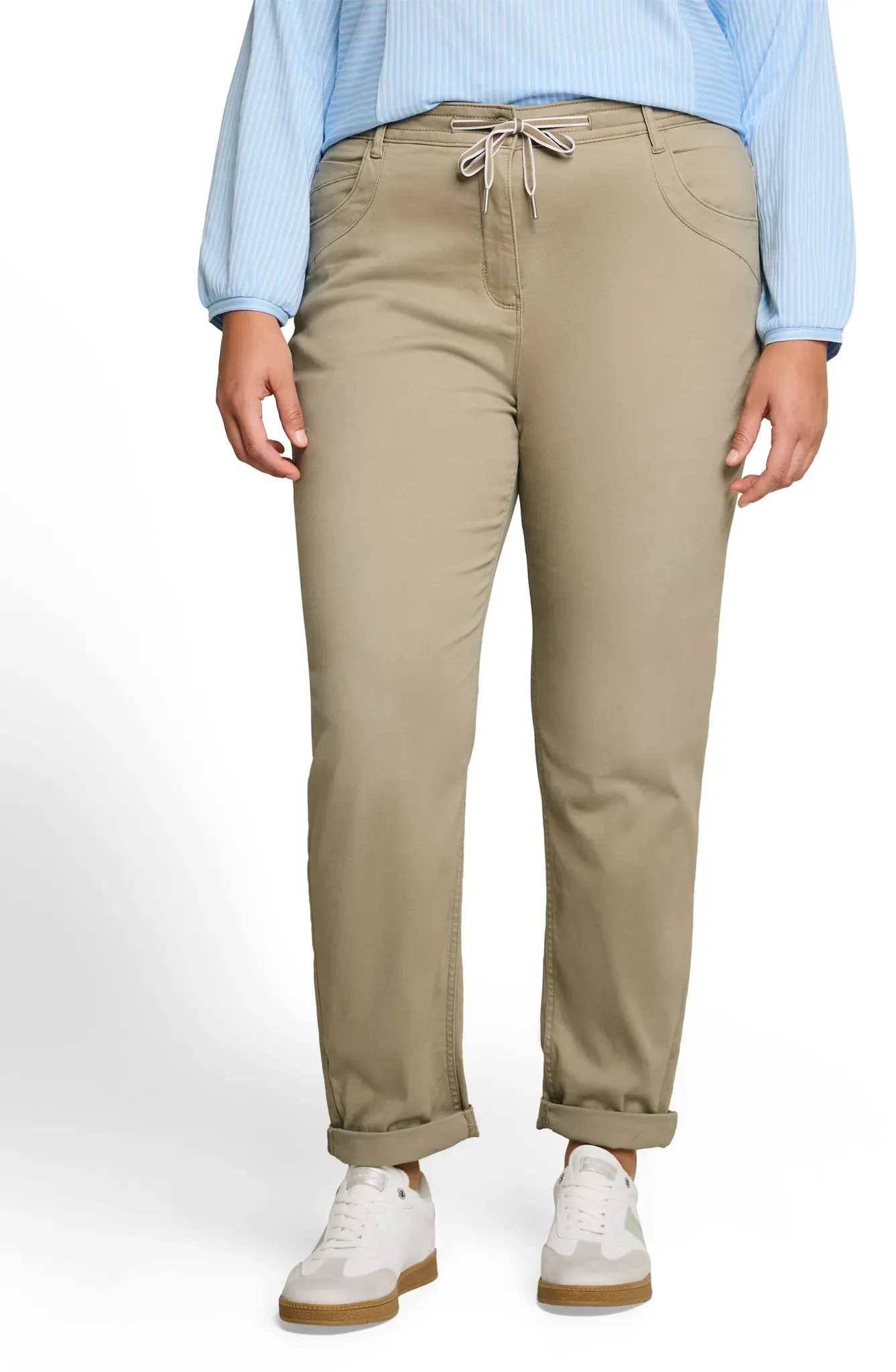 Jogger Pants TOM TAILOR PLUS, Damen, Gr. 50, Länge 28, silber olive, Web, Obermaterial: 92% Baumwolle, 5% Polyester, 3% Elasthan. Futter: 100% Baumwolle, 7/8-Länge, Hosen, im 5-Pocket-Stil mit Stretch und Bindeband