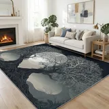 Generisch Teppich Wohnzimmer Waschbarer 160 x 230 cm, Fantasy Mond Pflanzen Bäume Kurzflor Wohnzimmerteppich Schwarz-Grau Groß rutschfest Teppiche für Esszimmer Schlafzimmer Büro