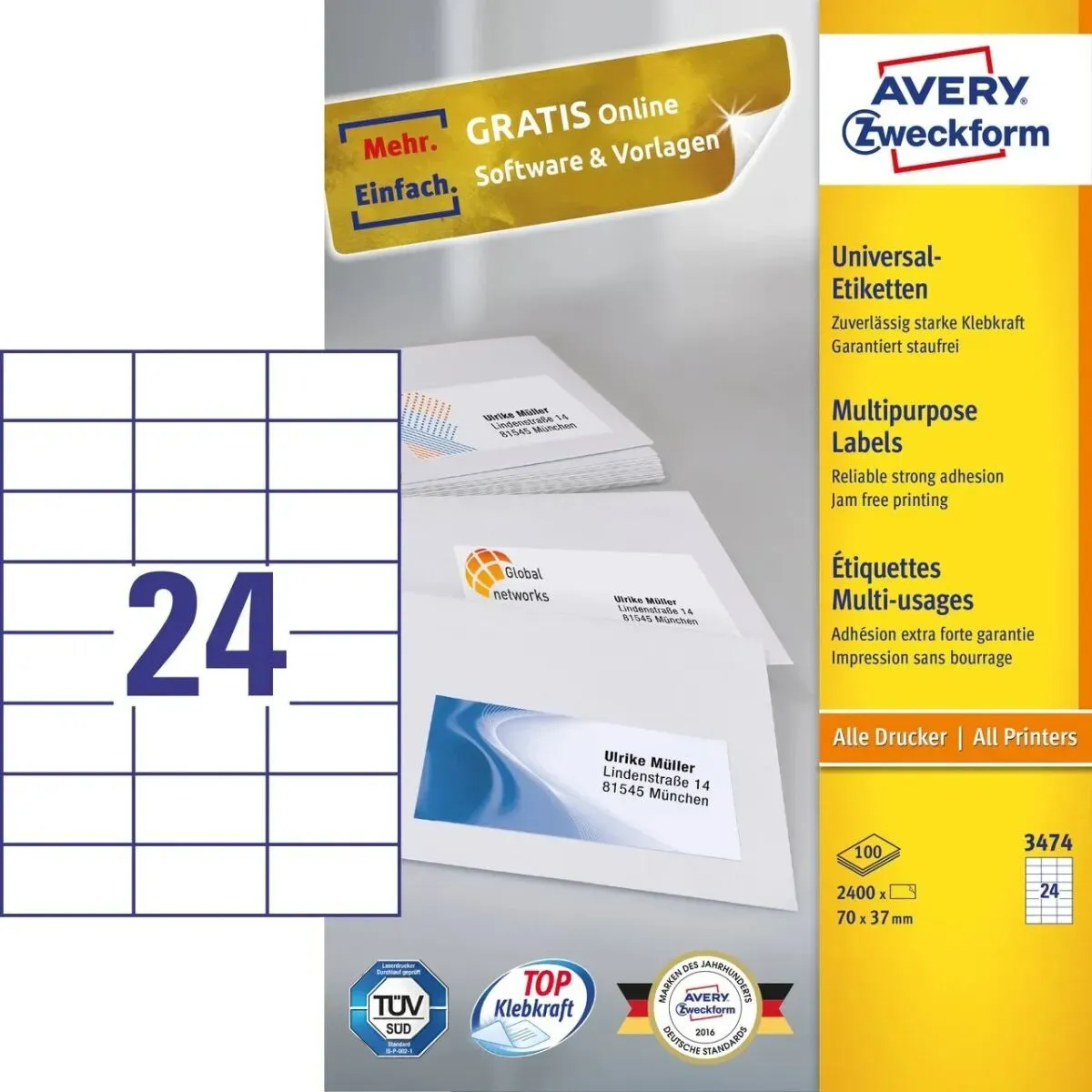 Avery 3474 selbstklebendes Etikett Rechteck Permanent Weiß 2400 Stück(e)
