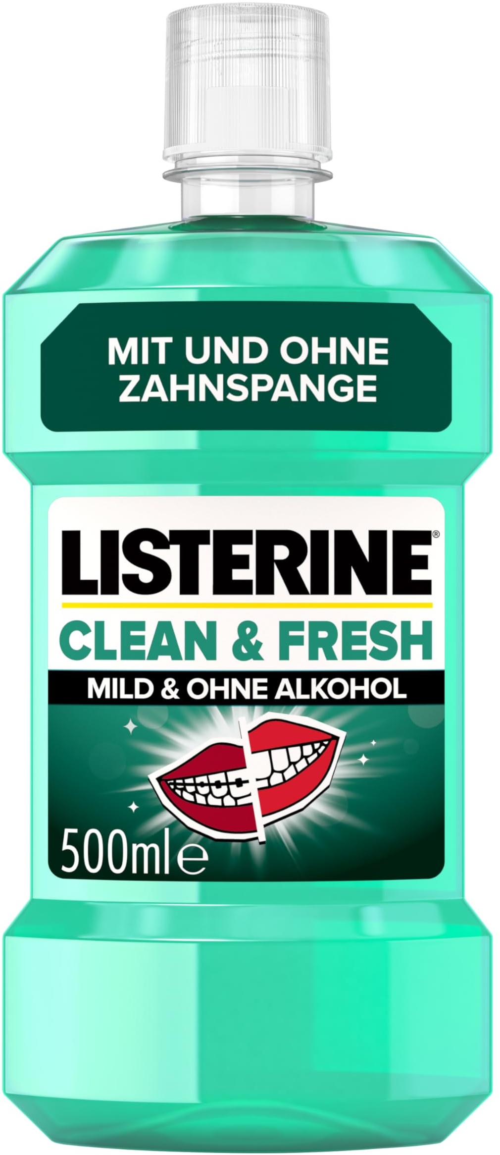 LISTERINE Clean & Fresh (500 ml), antibakterielle Mundspülung mit ätherischen Ölen, Mundwasser ohne Alkohol, perfekte Ergänzung zur täglichen Zahnpflege mit und ohne Zahnspange