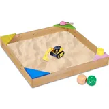 Relaxdays Holzsandkasten quadratische Buddelkiste mit Ecksitzen Gelb/Grün/Braun