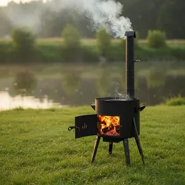 4big.fun Uchag 2mm Stahl Utschak mit Abzugsrohr Kazan 16L Grillfächer Schaumkelle Suppenkelle Utschak Utschag Kasan Feldküche Außenküche Eintopfofen Gulaschkanone