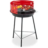 Relaxdays Holzkohlegrill, Ø 37 cm, Dreibein, Picknickgrill Garten & Park, Griller mit Windschutz, Rundgrill, schwarz/rot
